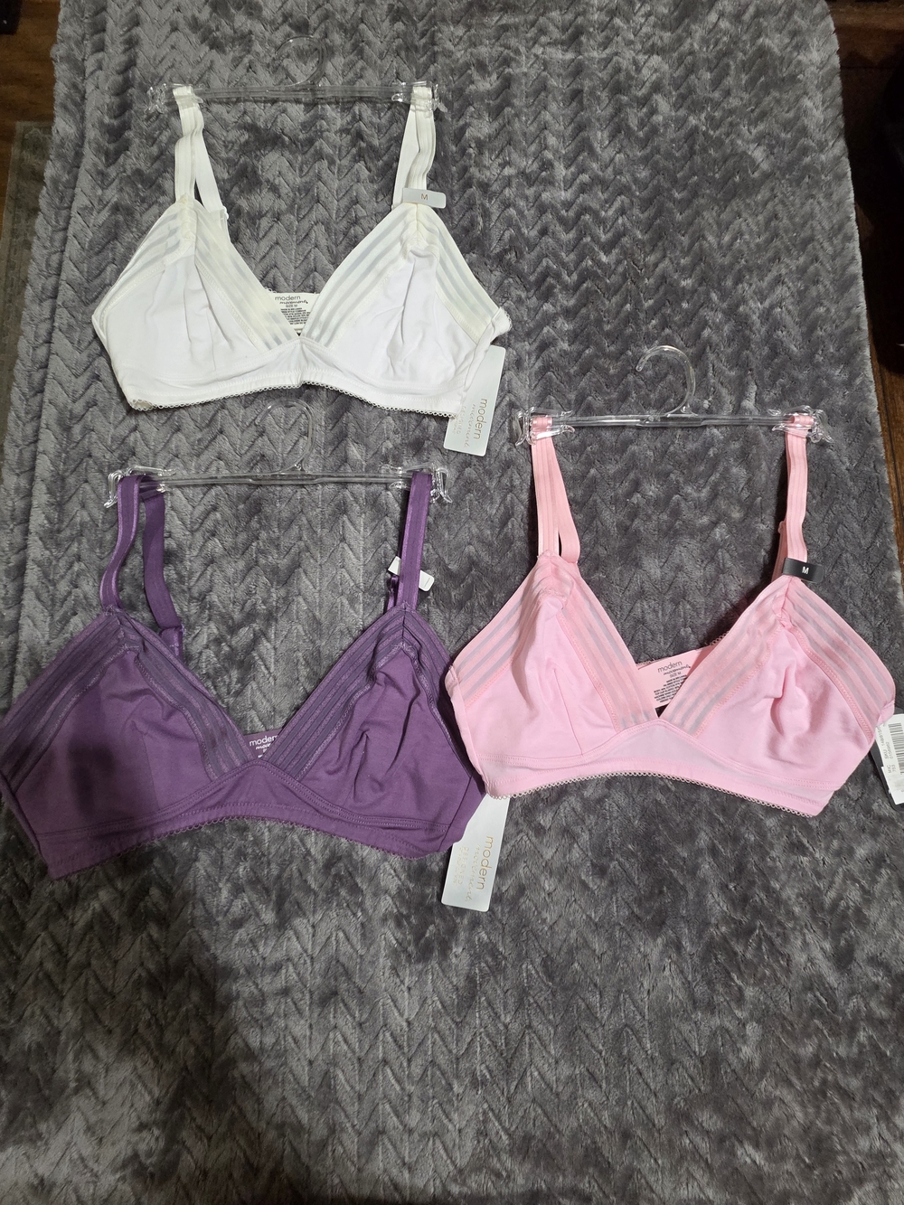 Modern Movement 3-Pack Wireless Triangle Bras  - White, Purple, Pink